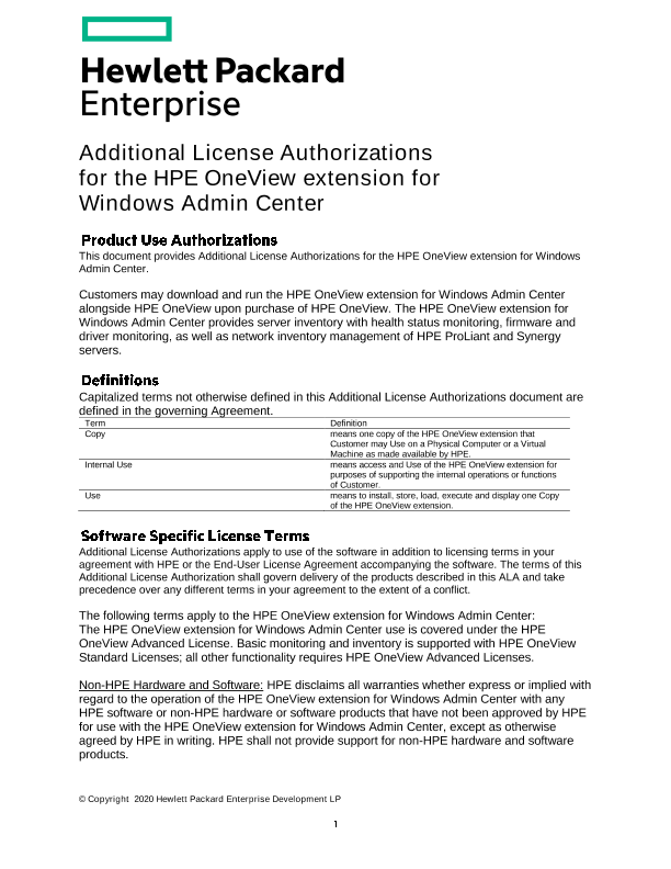 Additional License Authorizations for the HPE OneView extension for Windows Admin Center thumbnail