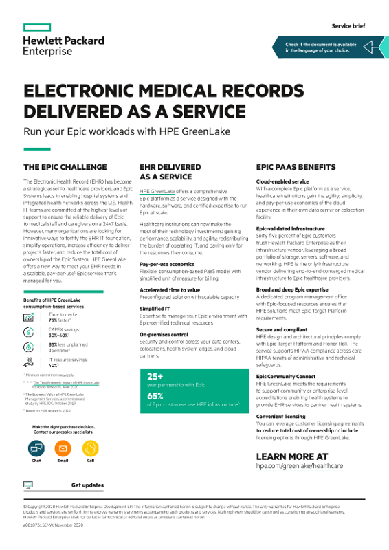 Electronic Medical Records delivered as a service – Run your Epic workloads with HPE GreenLake service brief thumbnail