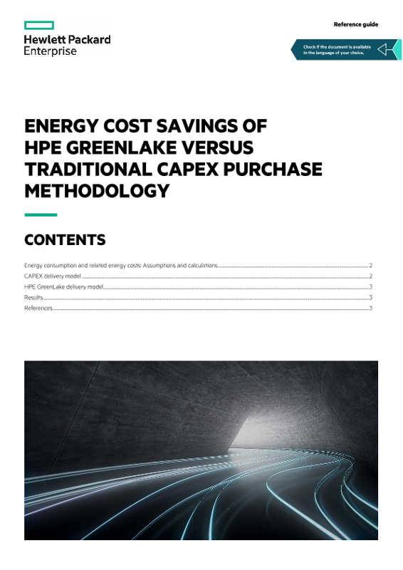 Energy Cost Savings of HPE GreenLake versus Traditional CAPEX Purchase Methodology reference guide thumbnail