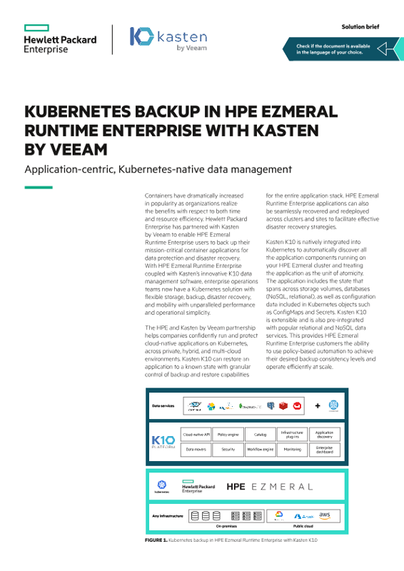 Kubernetes backup in HPE Ezmeral Runtime Enterprise with Kasten by Veeam solution brief thumbnail