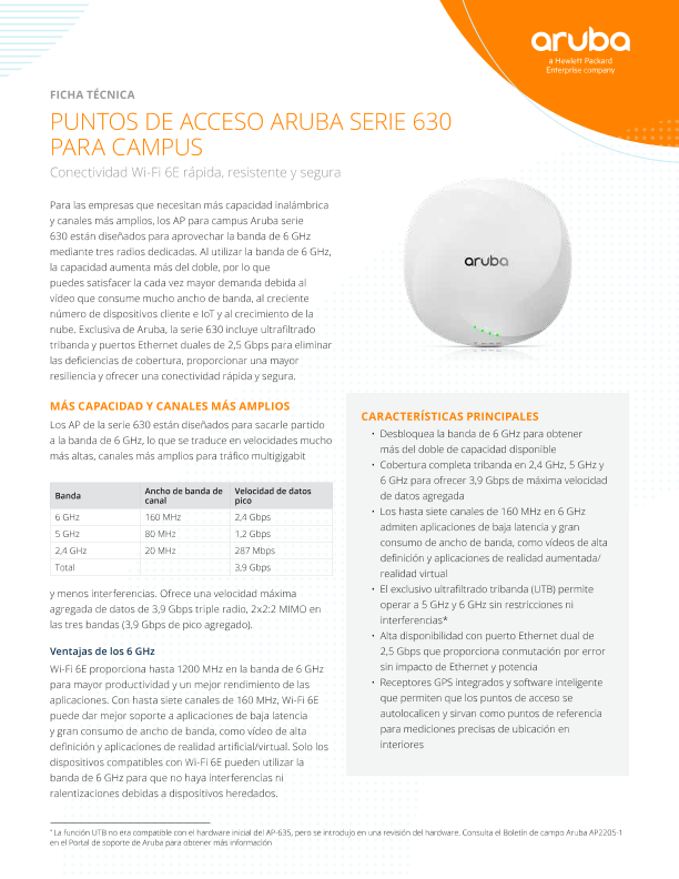 Ficha técnica de los puntos de acceso HPE Aruba Networking serie 630 para campus thumbnail