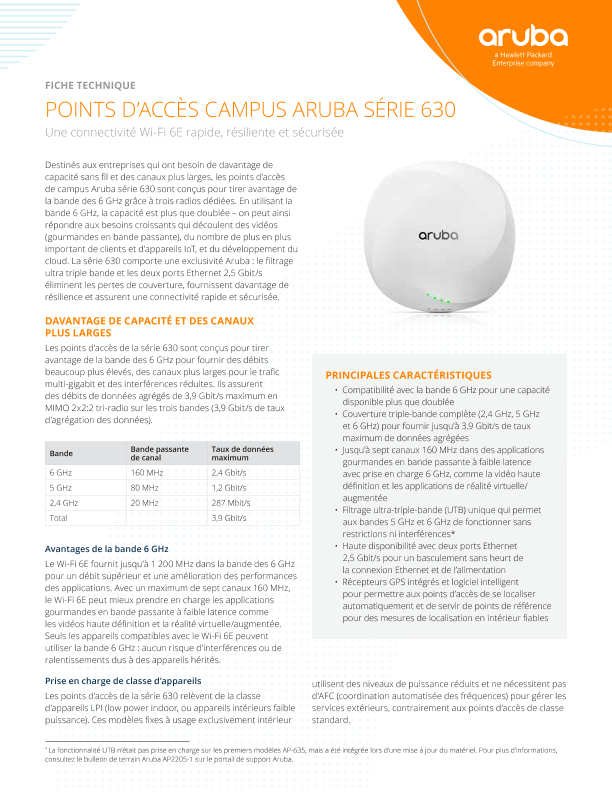 Fiche technique des points d’accès campus HPE Aruba Networking série 630 thumbnail