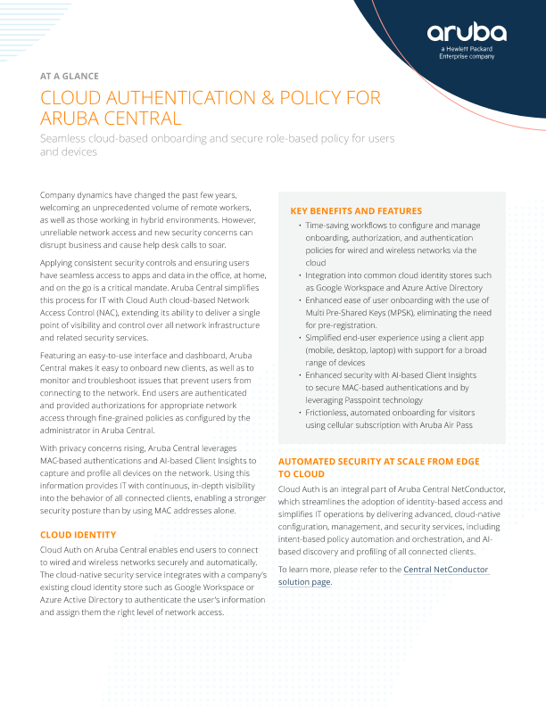 Cloud Authentication & Policy for Aruba Central thumbnail