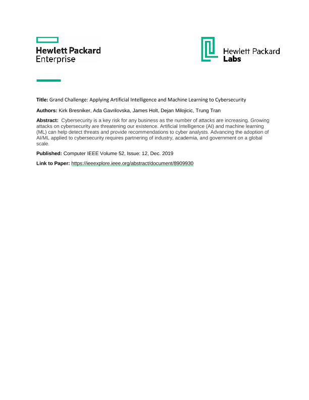 Grand Challenge: Applying Artificial Intelligence and Machine Learning to Cybersecurity thumbnail