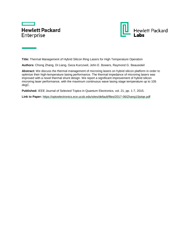 Thermal Management of Hybrid Silicon Ring Lasers for High Temperature Operation thumbnail