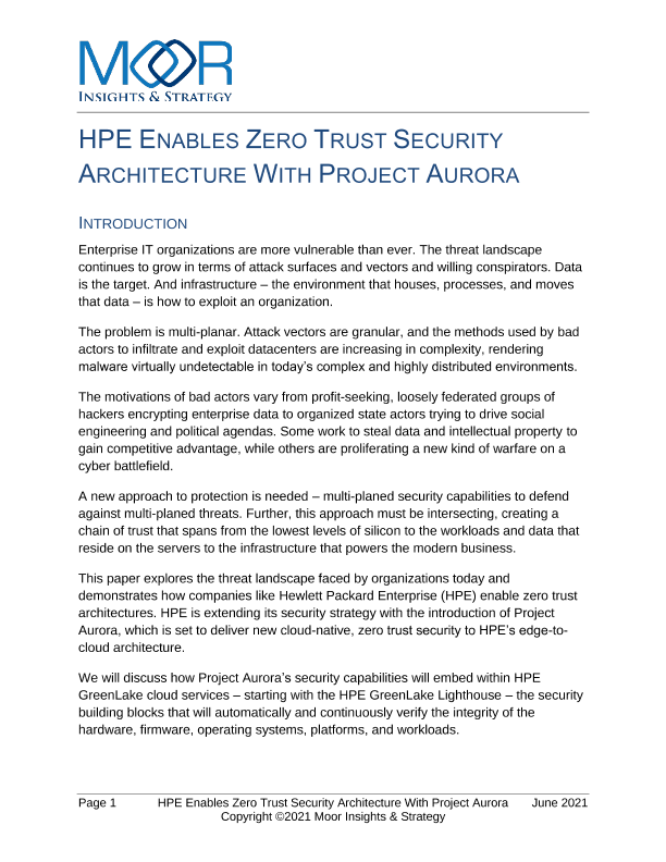 HPE Enables Zero Trust Security Architecture with Project Aurora by Moor Insights and Strategy white paper thumbnail