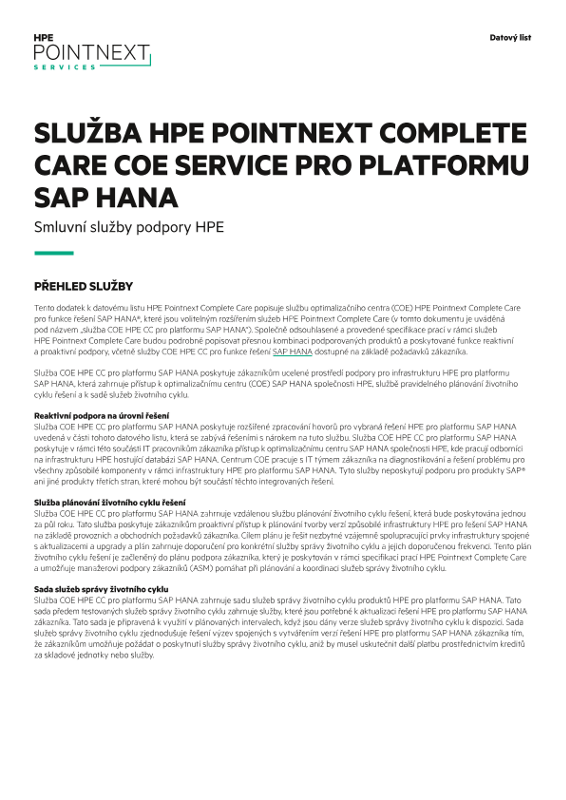 Datový list Služba HPE Pointnext Complete Care COE pro platformu SAP HANA thumbnail