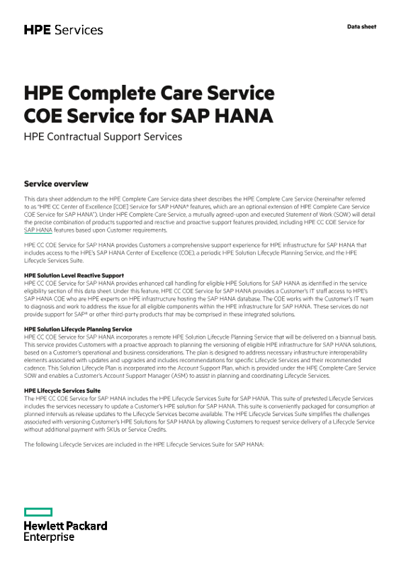 HPE Pointnext Complete Care COE Service for SAP HANA data sheet thumbnail
