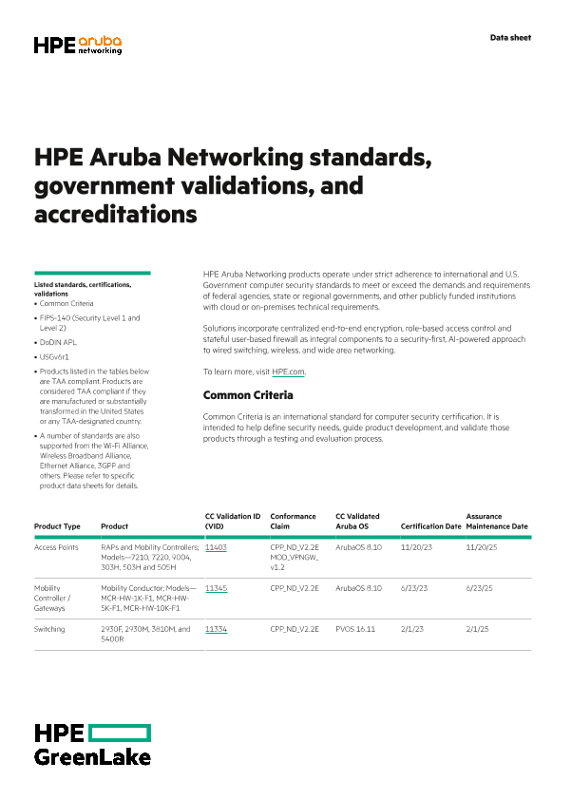 HPE Aruba Networking standards, government validations, and accreditations thumbnail