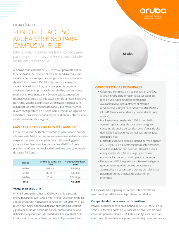 Ficha técnica de los puntos de acceso HPE Aruba Networking serie 650 para campus Wi-Fi 6E thumbnail