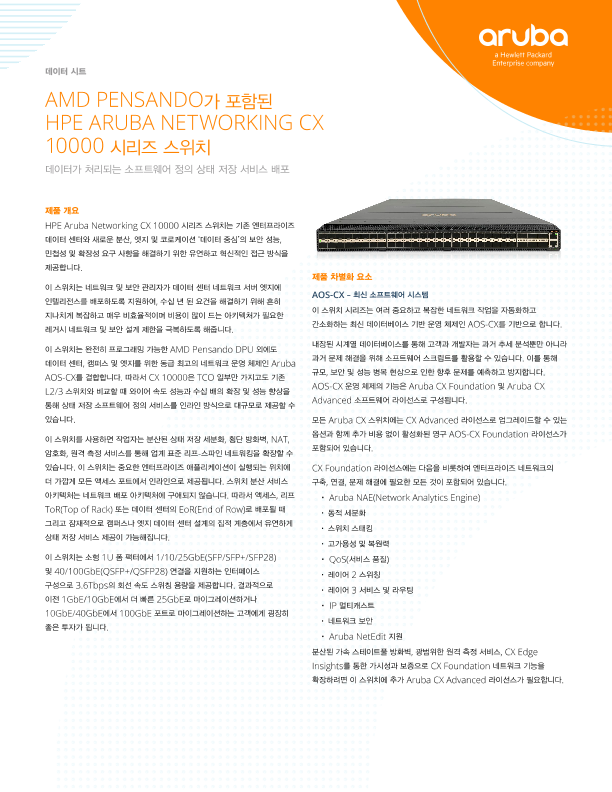 HPE Aruba Networking CX 10000 스위치 시리즈 데이터 시트 thumbnail