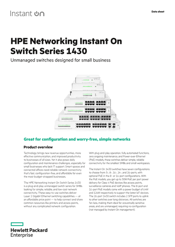 HPE Networking Instant On Switch Series 1430  Data Sheet thumbnail