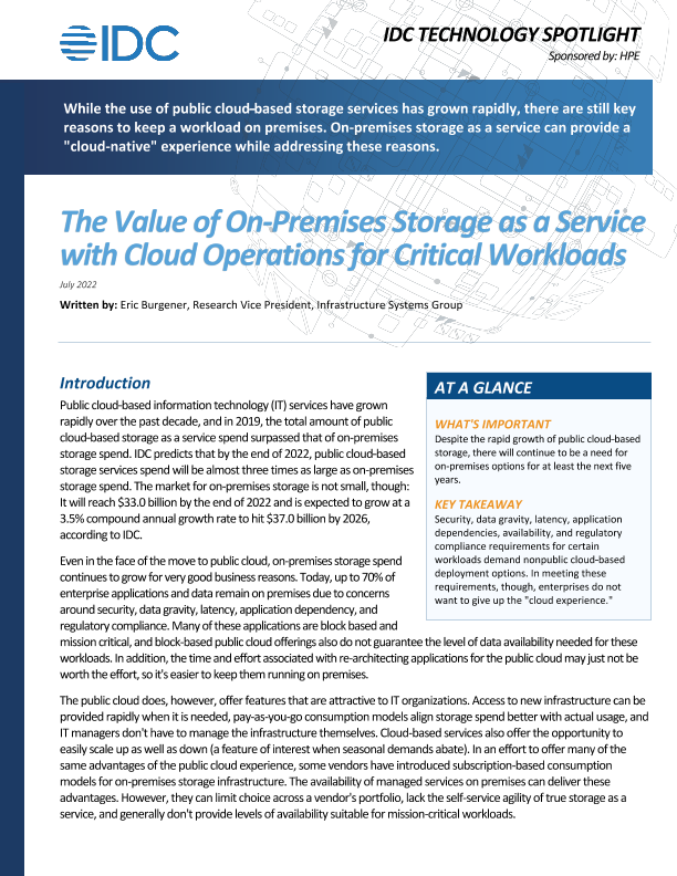 The Value of On-Premises Storage as a Service with Cloud Operations for Critical Workloads thumbnail