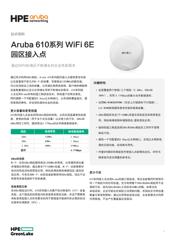 Aruba 610系列 WiFi 6E 园区接入点 thumbnail