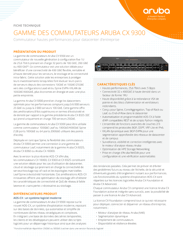 Fiche technique : Gamme de commutateurs HPE Aruba Networking CX 9300 thumbnail