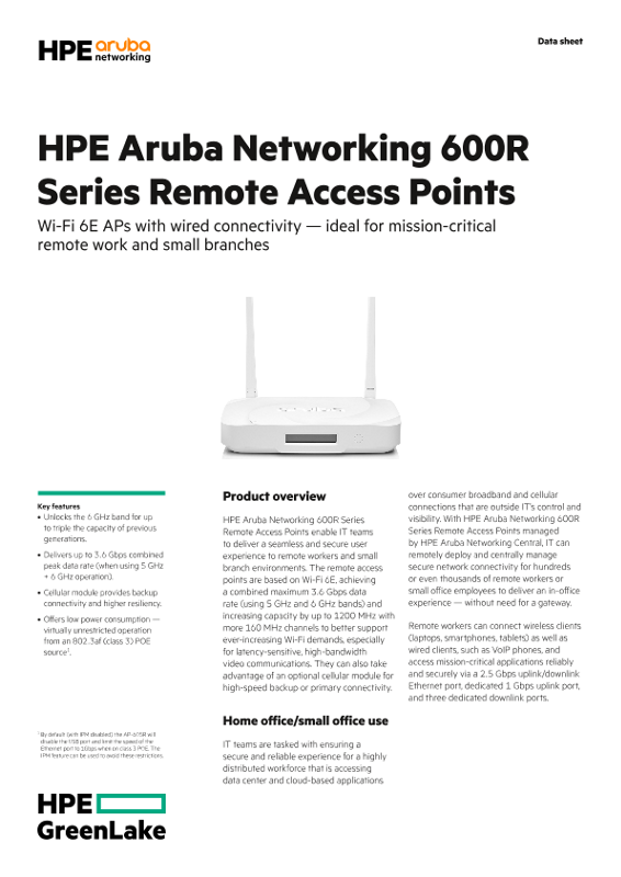 HPE Aruba Networking 600R Series Remote Access Points thumbnail
