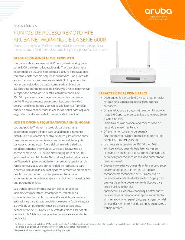 Puntos de acceso remoto HPE Aruba Networking de la serie 600R thumbnail