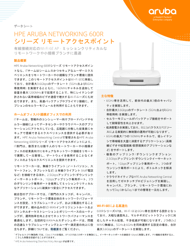 HPE Aruba Networking 600Rシリーズ リモートアクセスポイント