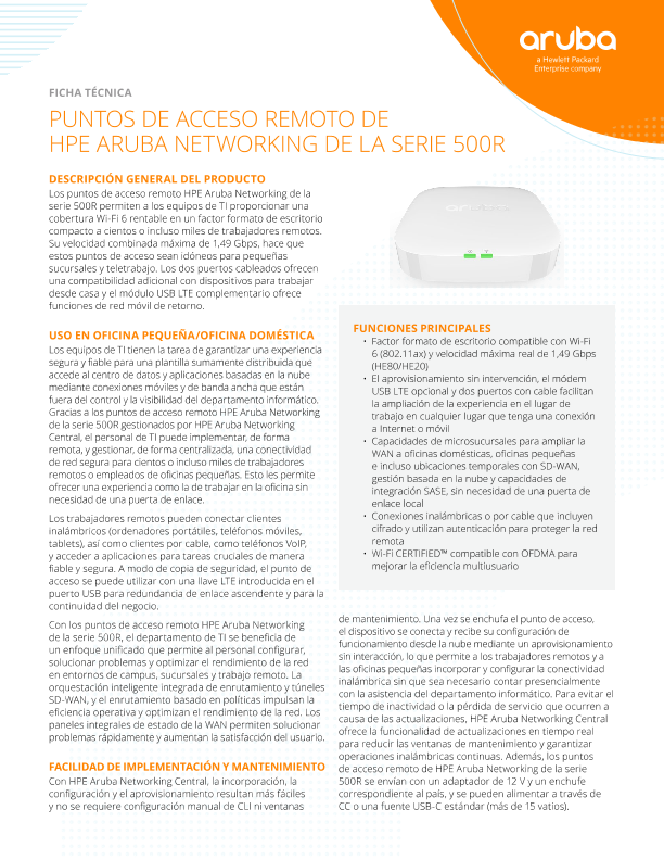 Puntos de acceso remoto de HPE Aruba Networking de la serie 500R thumbnail