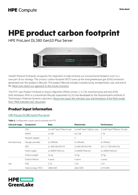 HPE product carbon footprint – HPE ProLiant DL380 Gen10 Plus Server thumbnail