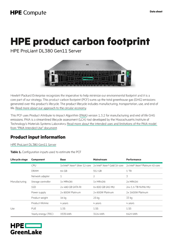 HPE product carbon footprint – HPE ProLiant DL380 Gen11 Server thumbnail