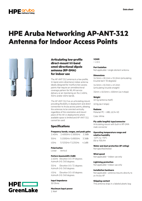 HPE Aruba Networking AP ANT-312 Antenna for Indoor Access Points thumbnail