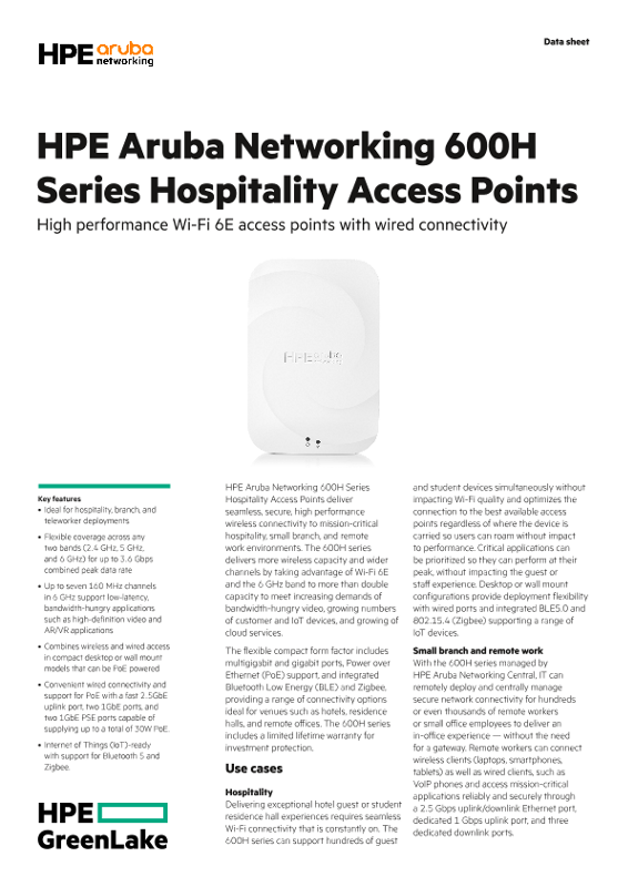 HPE Aruba Networking 600H Series Hospitality Access Points thumbnail