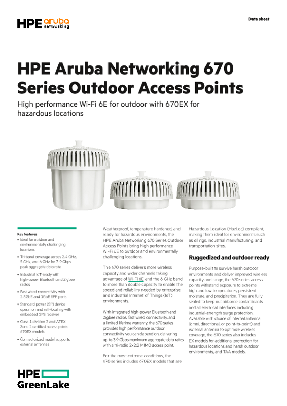 HPE Aruba Networking 670 Series Outdoor Access Points Data Sheet