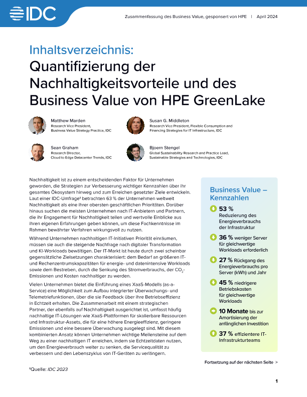 IDC Inhaltsverzeichnis: Quantifizierung der Nachhaltigkeitsvorteile und des Business Value von HPE GreenLake thumbnail