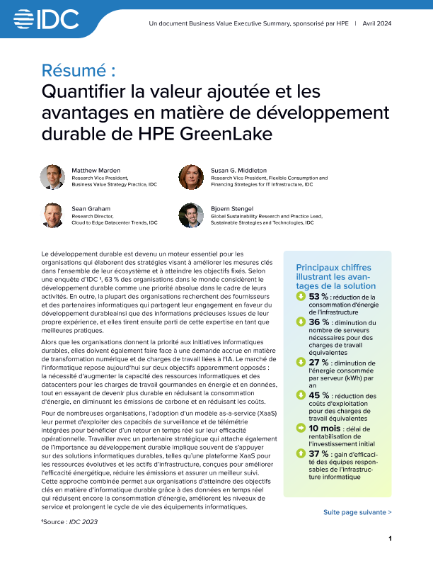 IDC Résumé : Quantifier la valeur ajoutée et les avantages en matière de développement durable de HPE GreenLake thumbnail