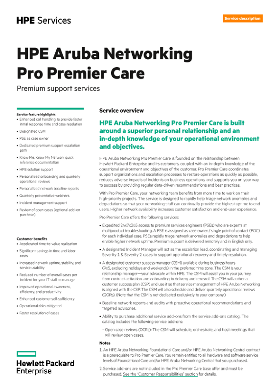 HPE Aruba Networking Pro Premier Care – Premium support services thumbnail