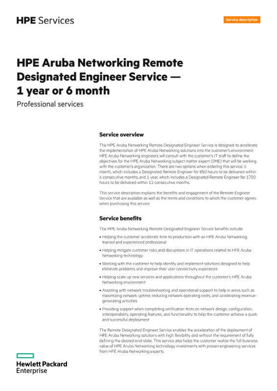 HPE Aruba Networking Remote Designated Engineer Service - 1 year or 6 month thumbnail