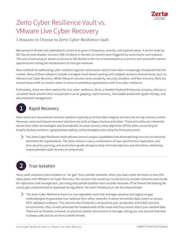 Zerto Cyber Resilience Vault vs.  VMware Live Cyber Recovery thumbnail