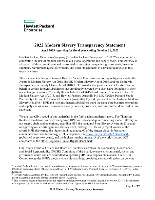 HPE 2022 Modern Slavery Transparency Statement thumbnail