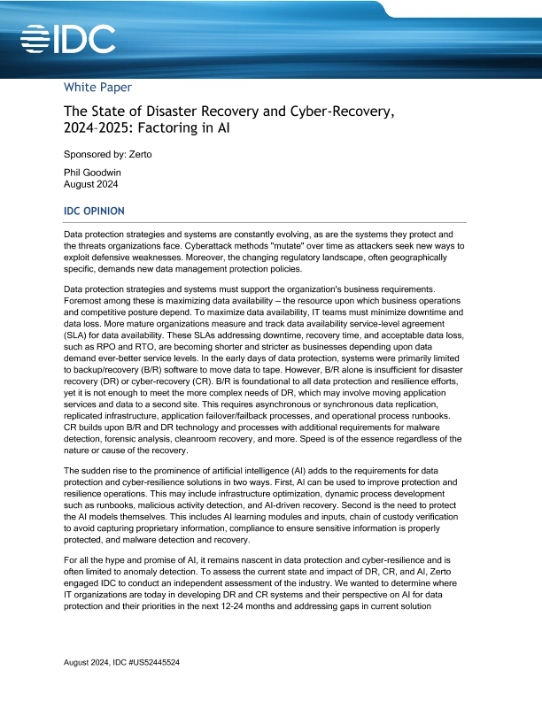 IDC Whitepaper - The State of Disaster Recovery and Cyber-Recovery, 2024-2025: Factoring in AI thumbnail