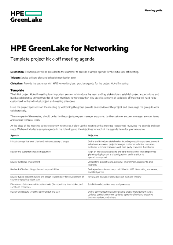 HPE GreenLake for Networking – Template project kick-off meeting agenda thumbnail