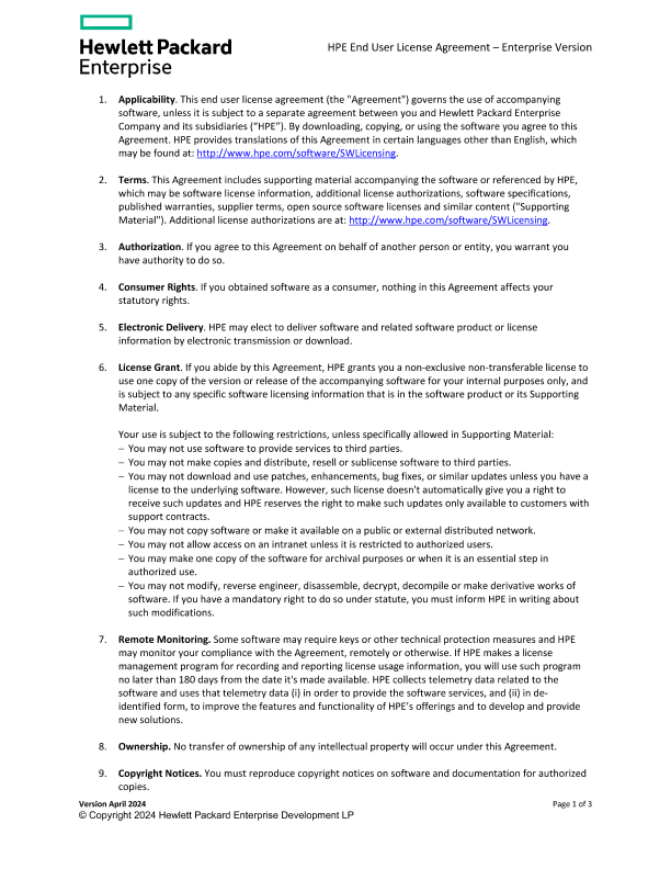 HPE End User License Agreement – Enterprise Version thumbnail