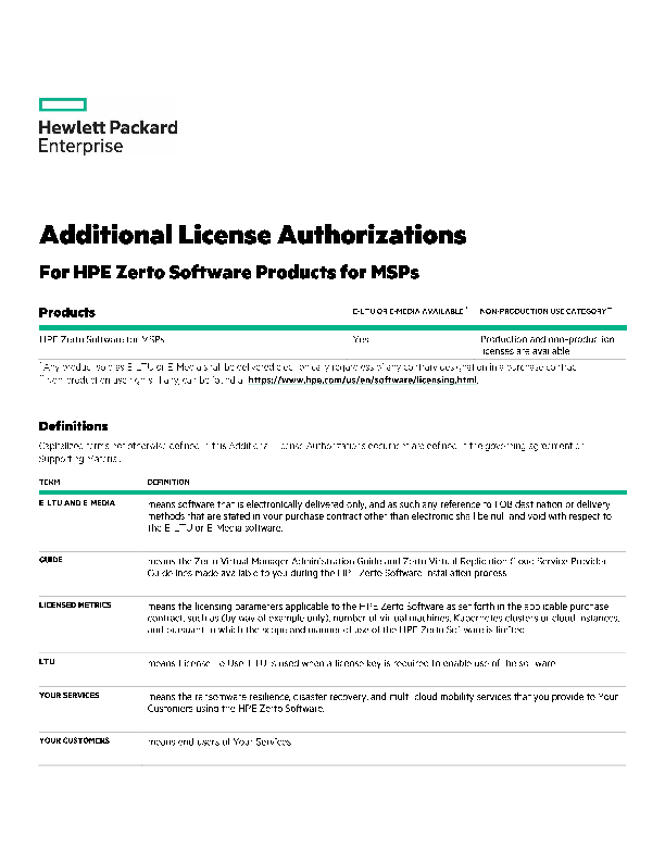 Additional License Authorizations for HPE Zerto Software Products for MSPs thumbnail