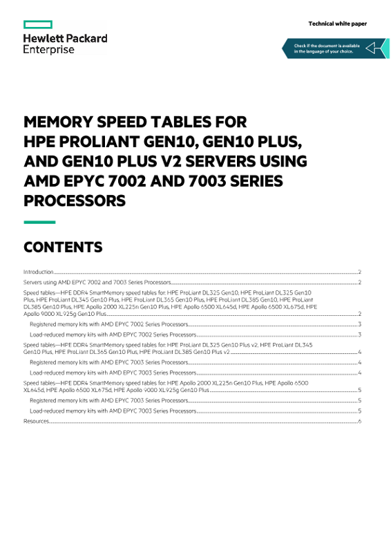 Memory speed tables for HPE ProLiant Gen10, Gen10 Plus, and Gen10 Plus v2 servers using AMD EPYC 7002 and 7003 Series Processors technical white paper thumbnail