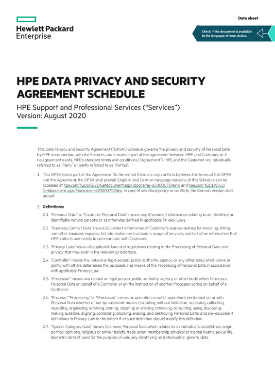 HPE Data Privacy and Security Agreement Schedule data sheet