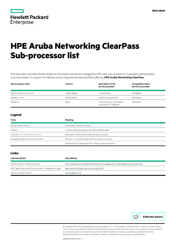 HPE Aruba Networking ClearPass Sub-processor list data sheet thumbnail