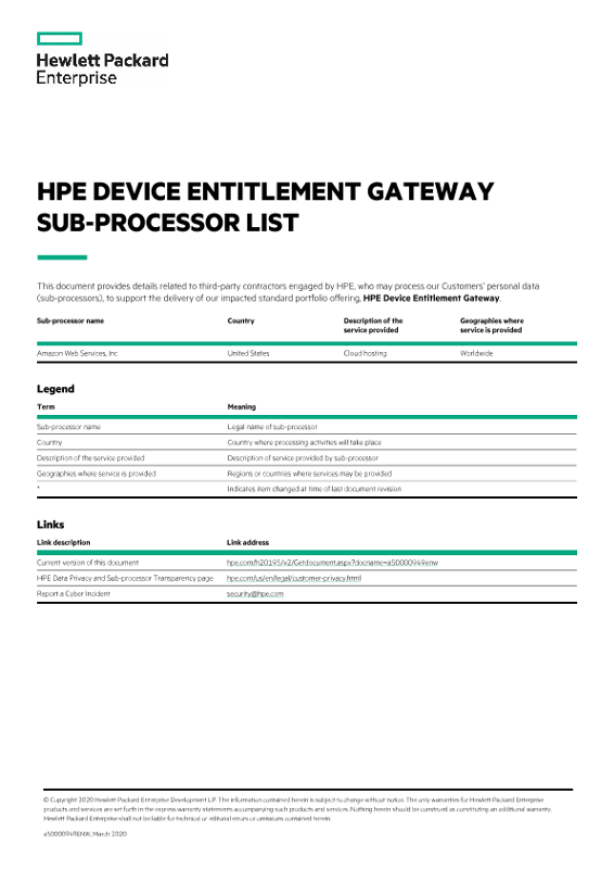 HPE Device Entitlement Gateway sub-processor list thumbnail