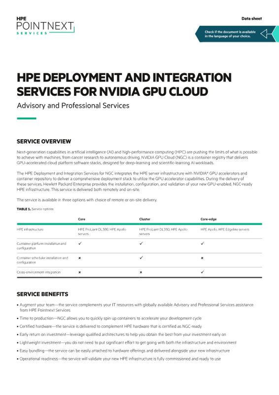 HPE Deployment and Integration Services for NVIDIA GPU Cloud data sheet thumbnail