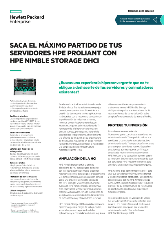 Resumen de la solución «Saca el máximo partido de tus servidores HPE ProLiant con HPE Nimble Storage dHCI» thumbnail