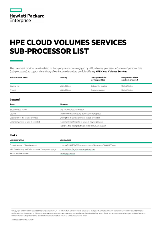 HPE Cloud Volumes Services sub-processor list thumbnail