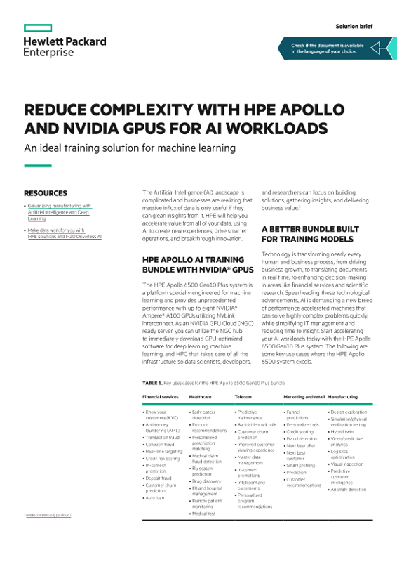 Reduce complexity with HPE Apollo and NVIDIA GPUs for AI workloads – An ideal training solution for machine learning solution brief thumbnail