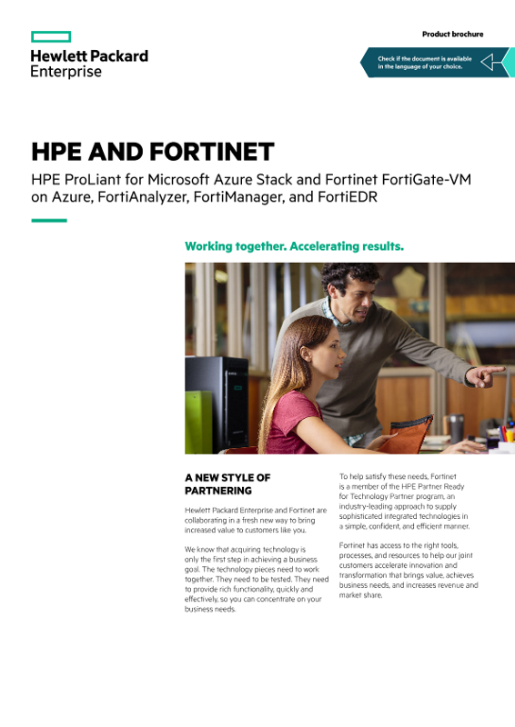 HPE and Fortinet – HPE ProLiant for Microsoft Azure Stack and Fortinet FortiGate-VM on Azure, FortiAnalyzer, FortiManager, and FortiEDR product brochure thumbnail