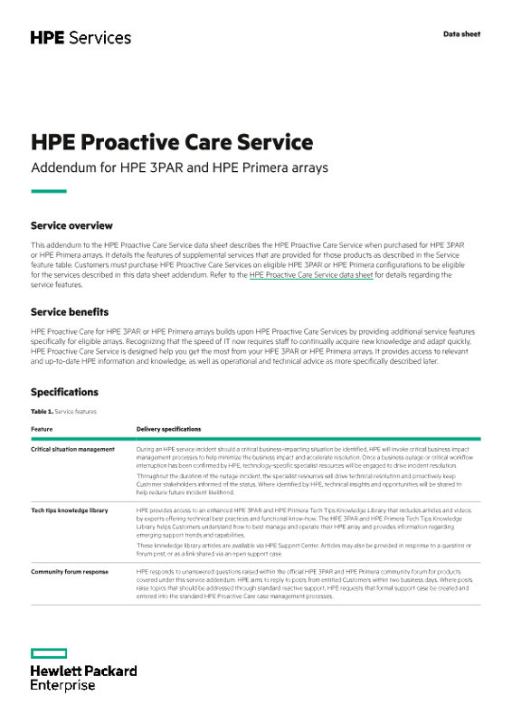 HPE Proactive Care Service – Addendum for HPE 3PAR and HPE Primera arrays data sheet thumbnail