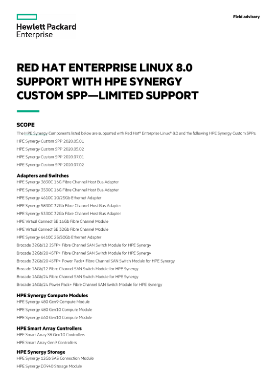 Red Hat Enterprise Linux 8.0 Support with HPE Synergy Custom SPP – Limited Support field advisory thumbnail