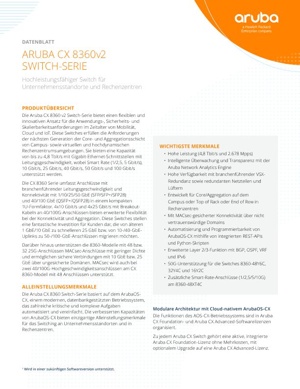 HPE Aruba Networking CX 8360 V2 SWITCH-SERIE – DATENBLATT thumbnail